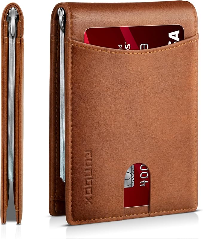 RUNBOX Slim Wallet for Men Genuine Leather RFID Blocking Bifold Minimalist Front Pocket Mens Wallet with Money Clip Thin Gift Box by RUNBOX