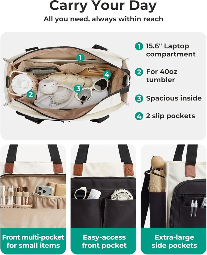 BAGSMART Canvas Tote Bag for Women, Small Work Tote Bag with Zipper | 30oz/40oz Tumble & 11 Pockets Travel Tote, Teachers/Nurses, Lightweight Canvas or Water-Resistant Puffer Taslon Crossbody Bag - Image 4