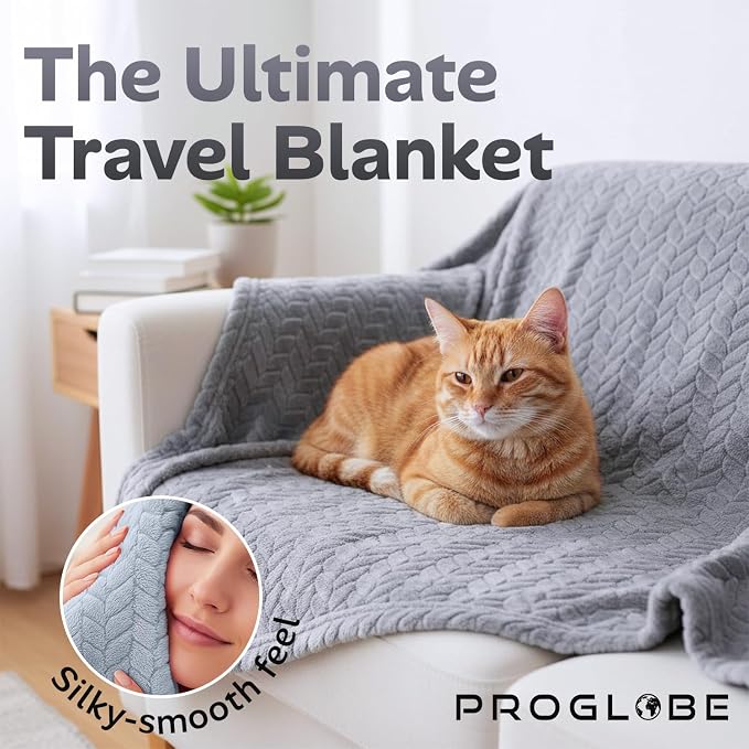 Travel Blanket and Pillow Set, Soft Fleece Airplane Blanket, Grey | Ultra Soft Lightweight Portable Cozy Blanket for Airplane, Car, Camping, Bus, for Men, Women and Kids, 42" x 68" - Image 2