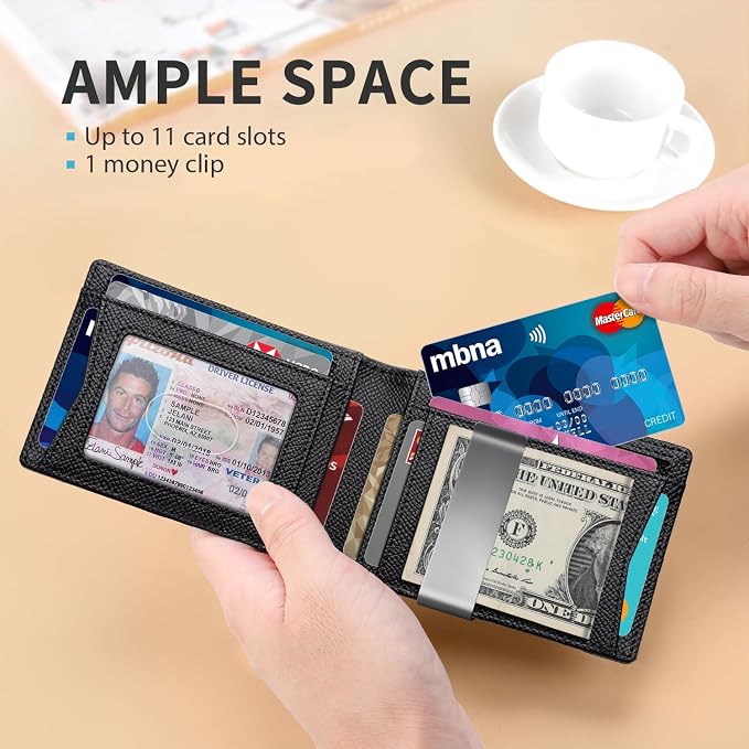 RUNBOX Slim Wallet for Men - RFID Blocking Leather Bifold with Money Clip | Minimalist Front Pocket Wallet Holds 11 Cards,Slim Thin Design,RFID Blocking Protection, Practical Birthday Gifts for Men - Image 2