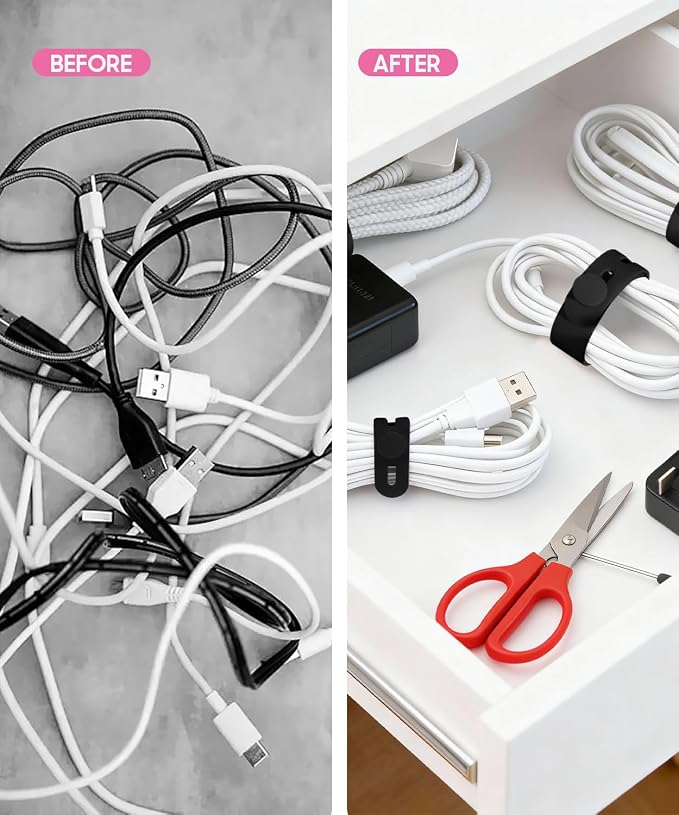 25Pack Silicone Cable Ties,Reusable Cord Organizer for Bundling Electrical Cords,Adjustable Data Cable Organizer Ties,High Elasticity Cable Straps for Home/Office/School/Travel(Black) - Image 7