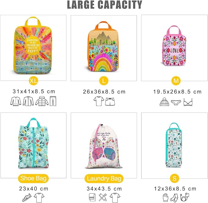 6 Set Packing Cubes Compression Bags for Travel, Floral Packing Organizers for Luggage with Shoe Bags for Packing In Suitcase, Colorful Compression Bags for Storage Trip and Family Vacation - Image 2