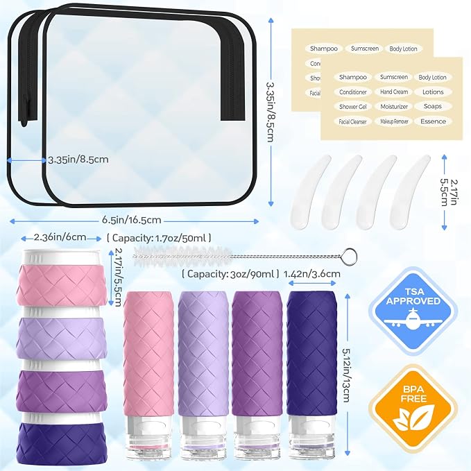 16 Pack Travel Bottles for Toiletries, TSA Approved Travel Size Toiletries Containers Set, BPA-Free Silicone Leak Proof Refillable Bottles Stackable Creams Jars Accessories Kit W/Clear Bag(Purple) - Image 2