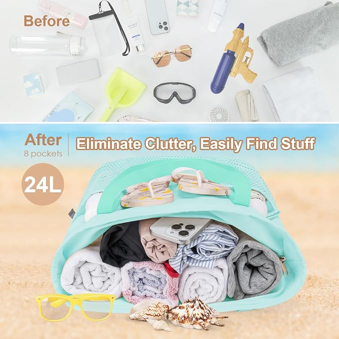 KABAQOO Large Beach Bag Waterproof Sandproof Tote Bag for Women with Zipper & Mesh Pockets for Pool Swim Travel Everyday | waterproof - Image 6