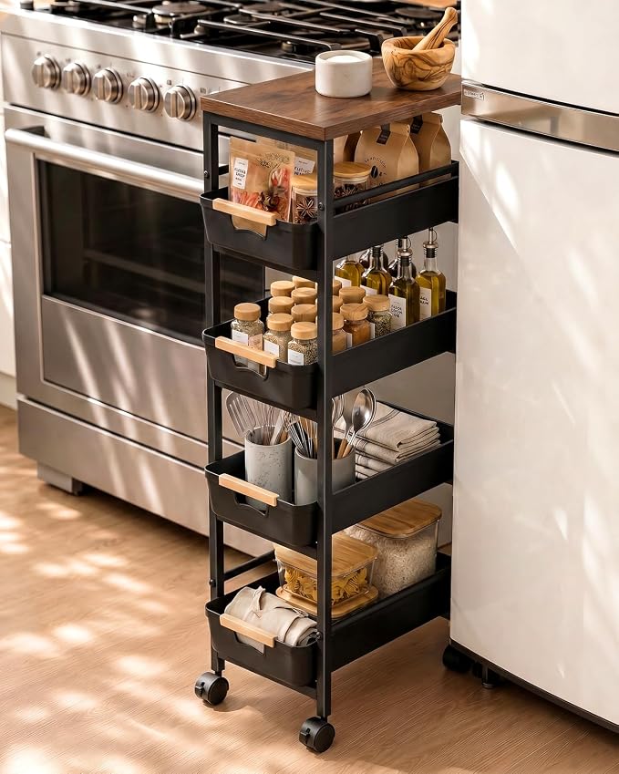 Pipishell Slim Storage Cart, Wooden Top Narrow Kitchen Storage Cart, Black | 5 Tier Skinny Rolling Cart with Pull-Out Baskets, Vented Design & Lockable Wheels for Kitchen, Bathroom, Laundry Room - Image 7