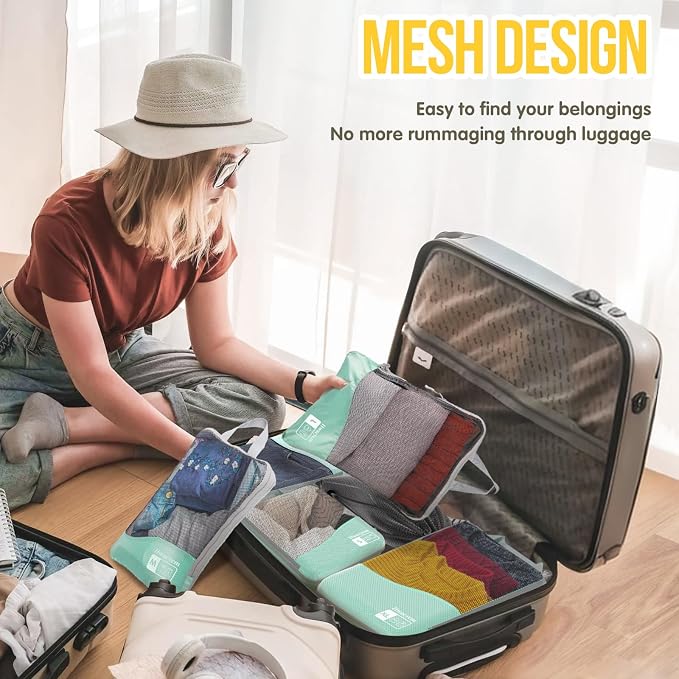 Compression Packing Cubes 8 Set, Dual Zipper Compression Packing Cubes for Travel, See-Through Mesh Packing Bags for Suitcases, Compression Cubes with Shoe Bag - Image 2
