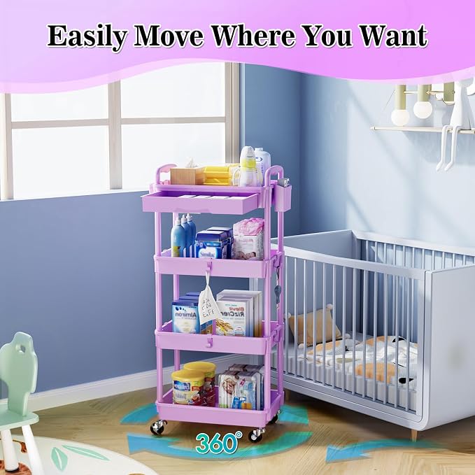 SUNALLY 4 Tier Rolling Cart with Drawer,Craft Storage Cart Organizer,Purple | Bathroom Storage Organizer with 2 Lockable Wheels, Rolling Utility Cart for Kitchen, Office, Baby, Makeup, Nail,Snack,Laundry - Image 6