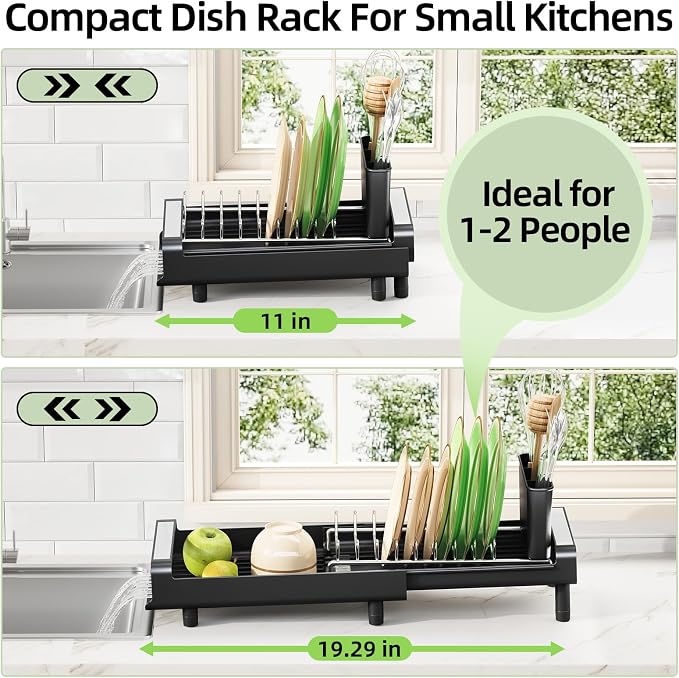 TOOLF Small Dish Drying Rack, Expandable and Space-Saving, Matte Black | Mini Dish racks for kitchen counter, Compact Design Fits Sink or Counter, Stainless Steel Plate Rack, 11"-19.3"L×7.7"W×3.54"H - Image 2