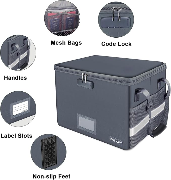 ENGPOW File Box with Lock, Fireproof Document Box with Zipper Lid, Collapsible File Organizer Storage Filing Cabinet with Handle, Portable Home Office Safe for Hanging Letter/Legal Folders, Grey - Image 4