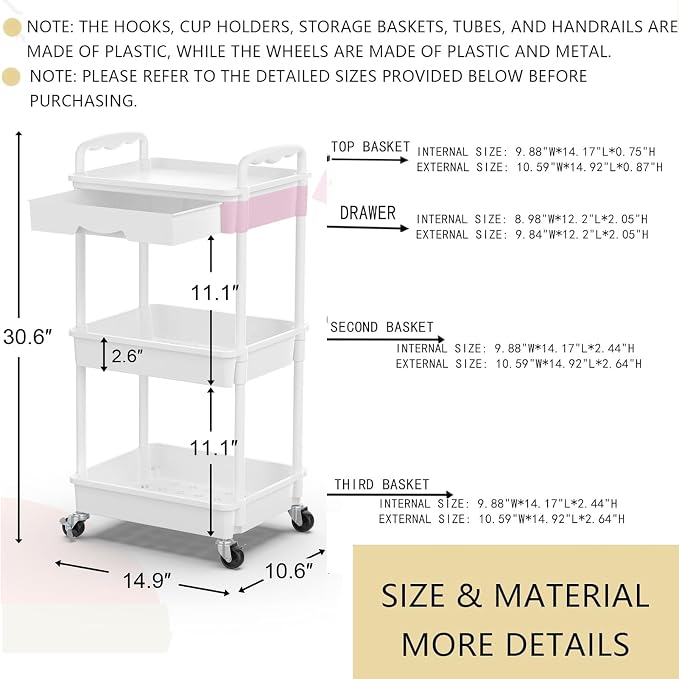 Goovilla 3 Tier Rolling Utility Cart Organizer with Removable Drawer, White | Stable and Sturdy Rolling Storage Carts with 2 Lockable Wheels for Bathroom, Kitchen, Snack, Craft, Makeup, Baby Essentials - Image 8