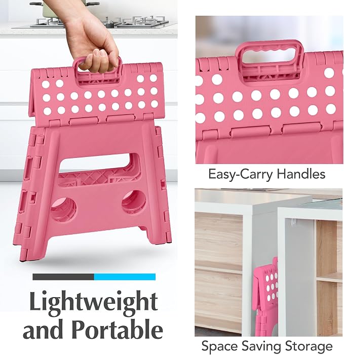 Folding Step Stool 13 Inch for Adults, Non-Slip, Holds Up to 300 lbs - Handy Laundry Foldable Stepping Stool with Handle, Lightweight Collapsible for Kitchen, Bathroom, Bedroom, Pink - Image 6