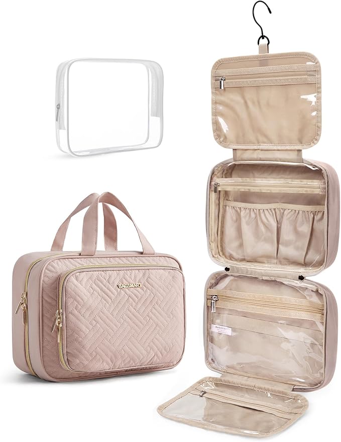 BAGSMART Toiletry Bag Hanging Travel Makeup Organizer with TSA Approved Transparent Cosmetic Bag Makeup Bag for Full Sized Toiletries, Medium-Pink by BAGSMART