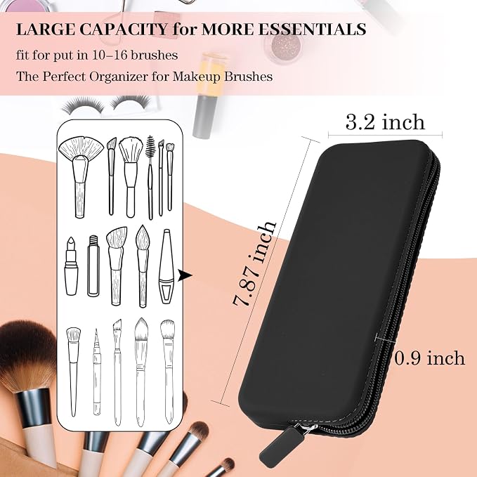 Travel Makeup Brush Holder, Silicone Makeup Brush Bag with Zipper Closure, Makeup Brushes Organizer Case Washable Makeup Pouch Holder Case for Daily, Work, Essentials（Black） - Image 3