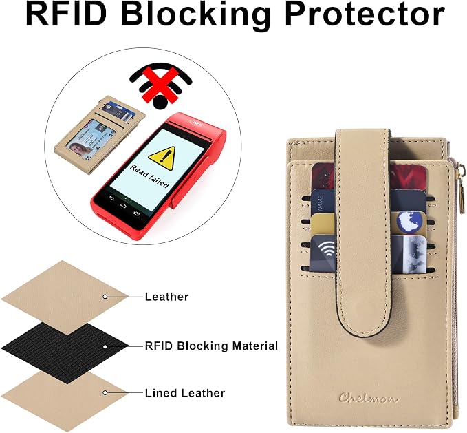 Chelmon Women's RFID Slim Card Holder Wallet | Thin Bifold Multi Card Case with Zipper Coin Pocket Purse for Women(Khaki) - Image 3