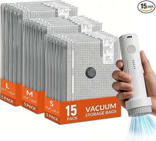 15 Pack Vacuum Storage Bags with Electric Pump for Travel Luggage Clothes | Travel compression space saver vacuum seal bags for closet storage, portable electric pump included for suitcase packing by Unknown
