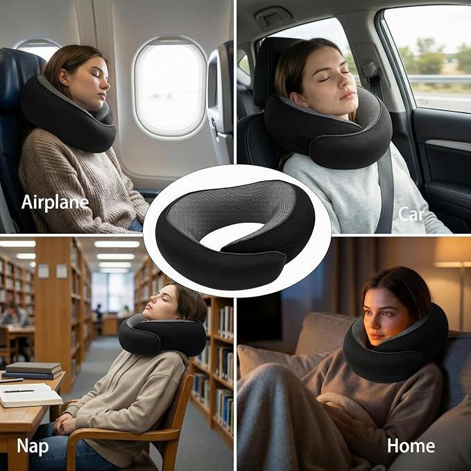 Travel Neck Pillow for Airplane - 100% Memory Foam 360° Ergonomic Support - Adjustable Velcro, Washable Velvet Cover & Compact Storage Case - Flight Essentials for Sleeping (Black) - Image 4