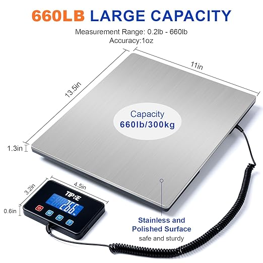 TIPRE Shipping Scale 660lbs for Packages,Heavy Duty Digital Postal Express Scale,1 oz High Accuracy with Charging Cable & Batteries,Extra Large Stainless Steel for Small Business,Warehouse,Home - Image 2