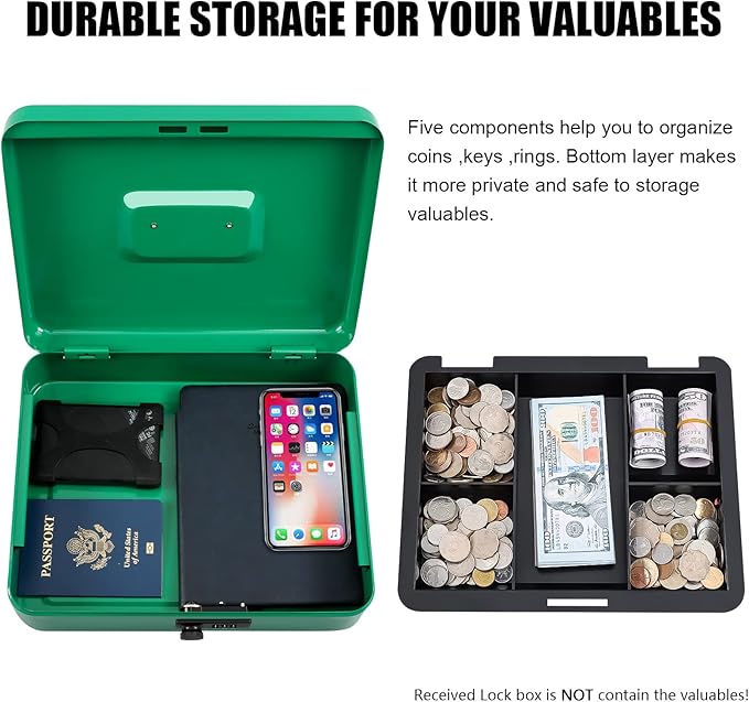 KYODOLED Metal Cash Box with Combination Lock Money Box for Cash Safe Metal Box with Money Tray for Security Lock Box 11.81"x 9.45"x 3.54" Green X Large - Image 4