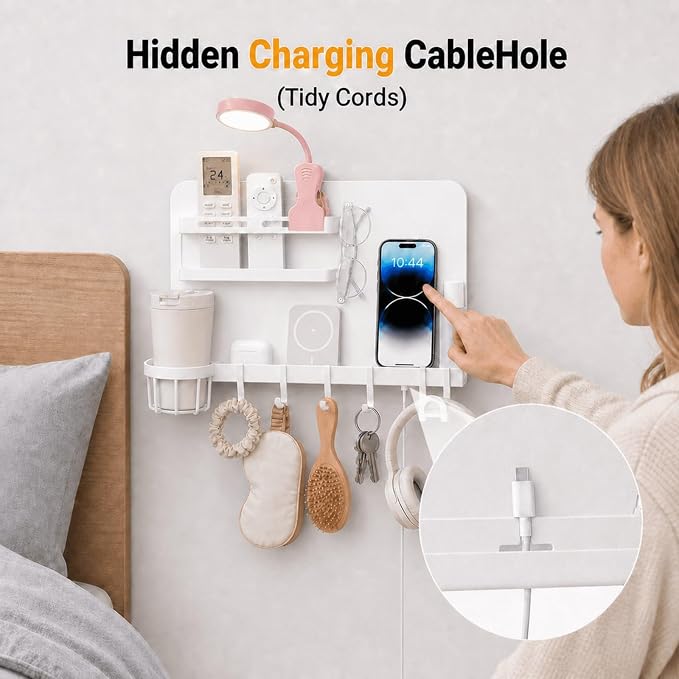 Metal Bedside Wall Shelf,【No Drill】 Wall Organizer for Dorm Teen Room Decor | Floating Bedside Shelf Wall Mount Nightstand for Bedroom, Loft Bed, Bunk Bed, Small Room Stuff, Teen Girl, RV Shelves, Dorm - Image 5