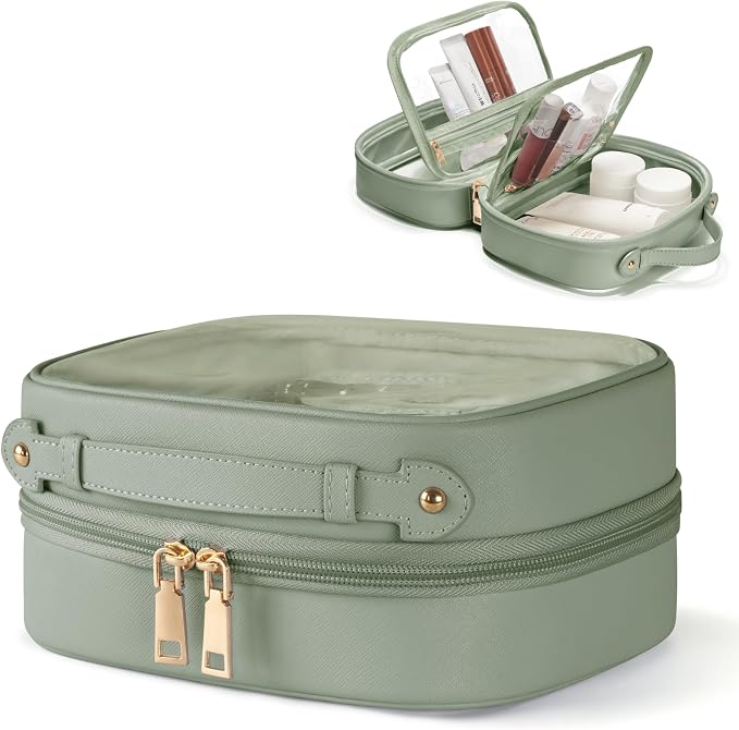 Clear Cosmetic Bag Double Layer Travel Toiletry Bag Clear Makeup Bag Case with 4 Compartments, Transparent Travel Bag for Toiletries, Large Toiletry Bag for Women Cosmetic Case (Sage Green, Small) by Oaque