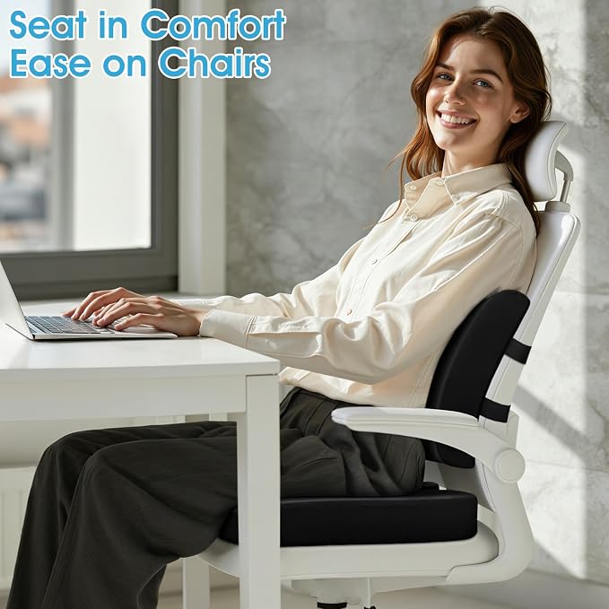 CushZone Seat Cushion and Lumbar Support Pillow for Office Chair, Black | Ergonomic Memory Foam for Sciatica Pain Relief & Posture Correction; Non-Slip Chair Cushions for Car, Wheelchair and Travel - Image 6