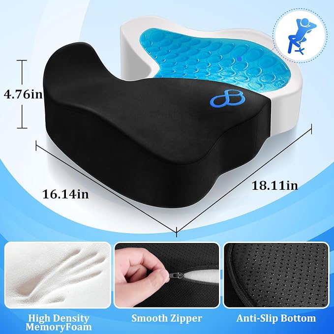 CushyOasis Seat Cushion, Gel Memory Foam Office Chair Cushions, (Black) | Anti-Slip Back & Removable Cover, Ergonomic Tailbone Support Seat Cushion, Memory Foam Seat Cushion for Office - Image 5