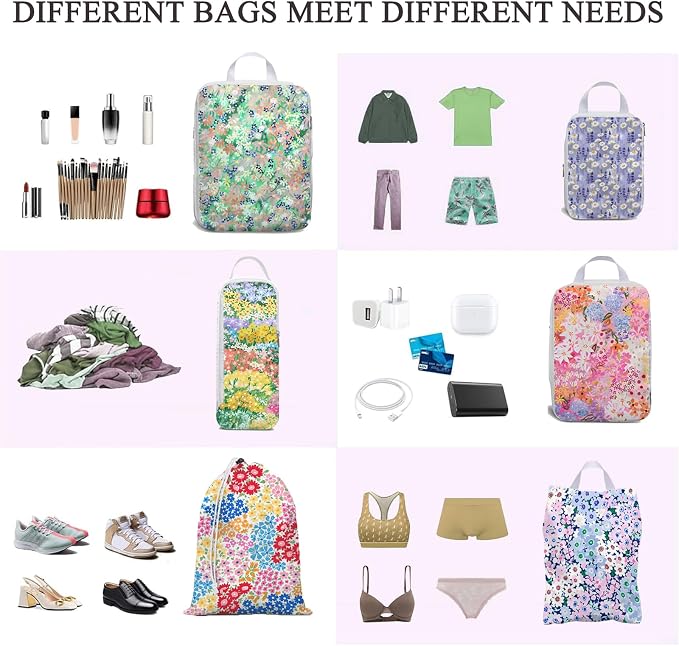 6 Pcs Compression Packing Cubes Waterproof Suitcase Travel Bag Luggage Backpack Organizer Travel Cubes for Packing-Small Floral Print - Image 5
