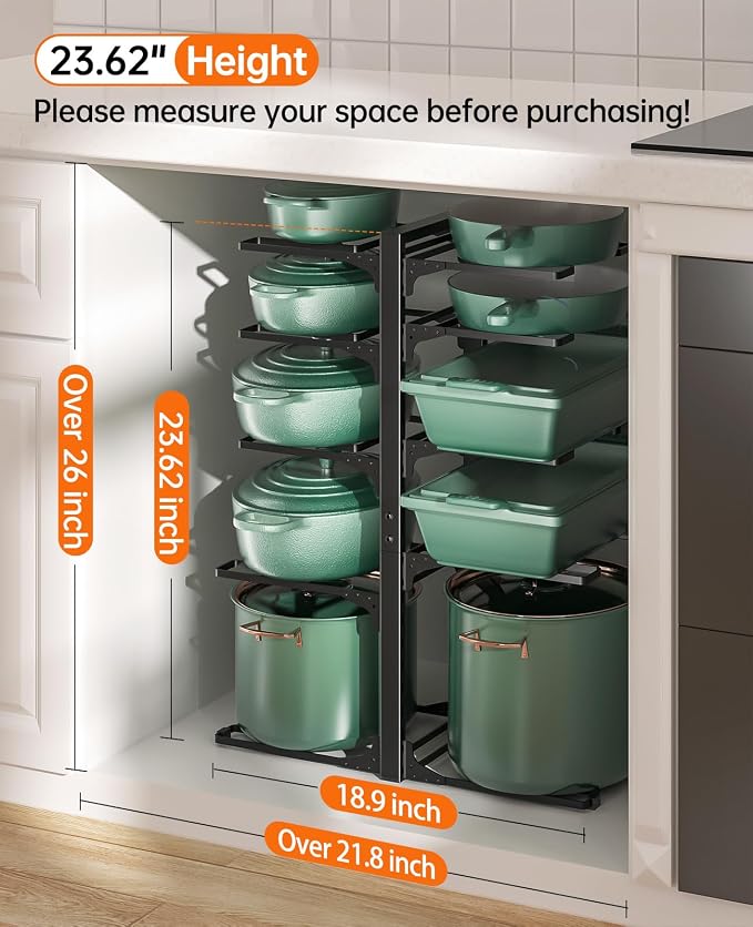 Pots and Pans Organizer Under Cabinet 23.6" 10-Tier Adjustable Black | 2 DIY Modes, Tool-Free Assembly, Max 150 Lbs, Fits Large Stockpots, Cast Iron Pans & Heavy Cookware, For Kitchen Cabinets - Image 2