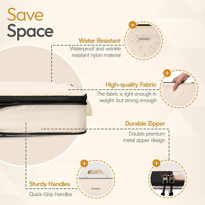 6 Set Compression Packing Cubes for Travel. | Durable Clothes Organizer for Suitcases. Expandable and Lightweight Packing Cubes Compression with Laundry bag, Beige - Image 3