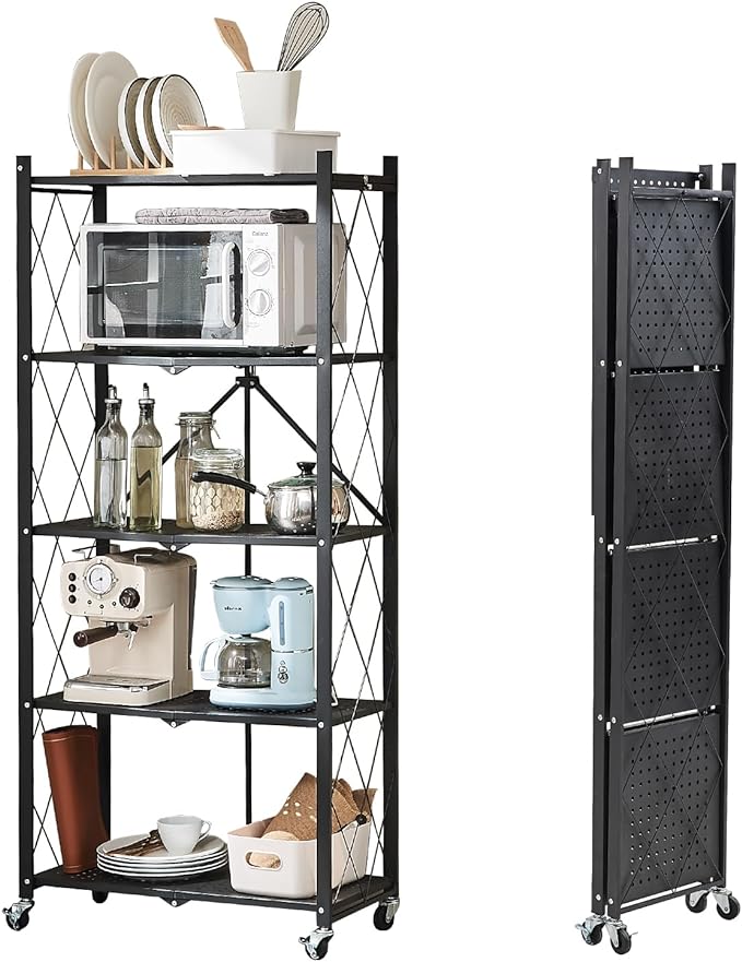 BRIAN & DANY 5-Tier Foldable Storage Shelves with Wheels, Folding Metal Rack Shelving Unit, Heavy Duty No Assembly Organizer Shelf for Garage, Kitchen, Basement, Pantry, Black by BRIANDANY