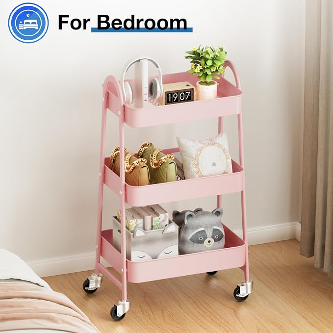 OLIXIS Metal 3 Tiers Rolling Storage Utility Cart with Lockable Wheels | Mobile Organizer Shelf, Space-Saving, Freestanding, Bathroom, Living Room, Slim, Narrow Corner Spaces, Pink - Image 4