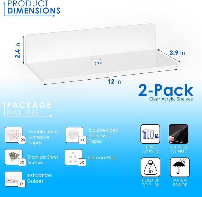 OAPRIRE Acrylic Floating Wall Shelves White, Damage Free, 12 Inch 2 Pack | Strong Tape Adhesive Wall Shelf No Drill, Easy Installation, Hole Design with Cable Clips, Small Spaces Bedroom Bathroom - Image 2