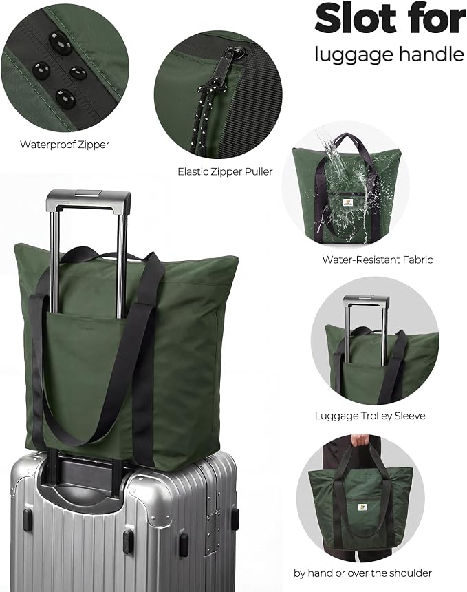 Foldable Travel Bag, 26L Duffle Bag for Travel, Expandable Second Carry-On Bag for Travel & Shopping, Water-Resistant Personal Item Bag, Dark Olive - Image 7