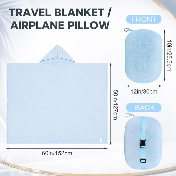 Hooded Wearable Fleece Travel Blanket Airplane with Snap Closure, Foldable Travel Pillow, Compact Carry Carabiner Strap, Soft 60''x50'' Fleece Blanket for Plane Office Gift(Blue) - Image 3