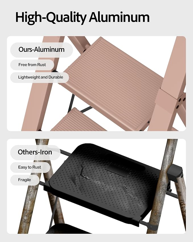 Taranta 4 Step Ladder,Aluminum Step Stool Foldable-Peach Pink | Lightweight Folding Ladder with Convenient Handgrip,Wide Top Pedal,330lbs Capacity Stepladder for Home,Office,Kitchen - Image 2