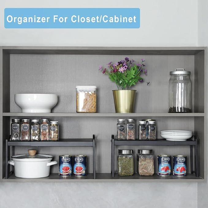 Expandable Cabinet Shelf Organizer, Adjustable kitchen Countertop Storage | 2 Pack Stackable Metal Kitchen Cabinet Countertop Storage Shelves, Heavy Duty Counter Cupboard Pantry Organizers, 20.5" Long - Image 7