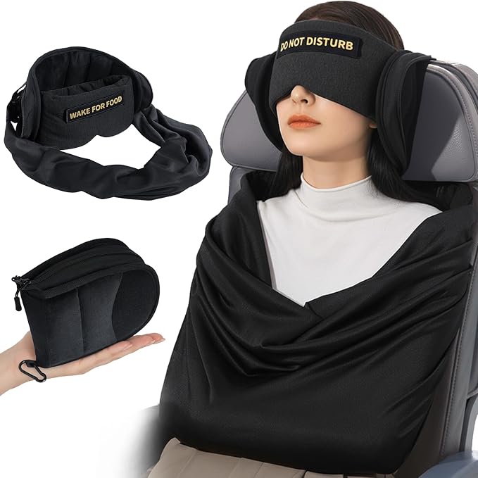 Travel Pillow and Blanket Set, Compact Airplane Pillow Bag with Eye Mask for Long Flights Sleeping, 360° Support Head Strap Travel Essentials for Plane Sleep Neck Upright, Stop Head Bodding (Black) by ARLIKSI
