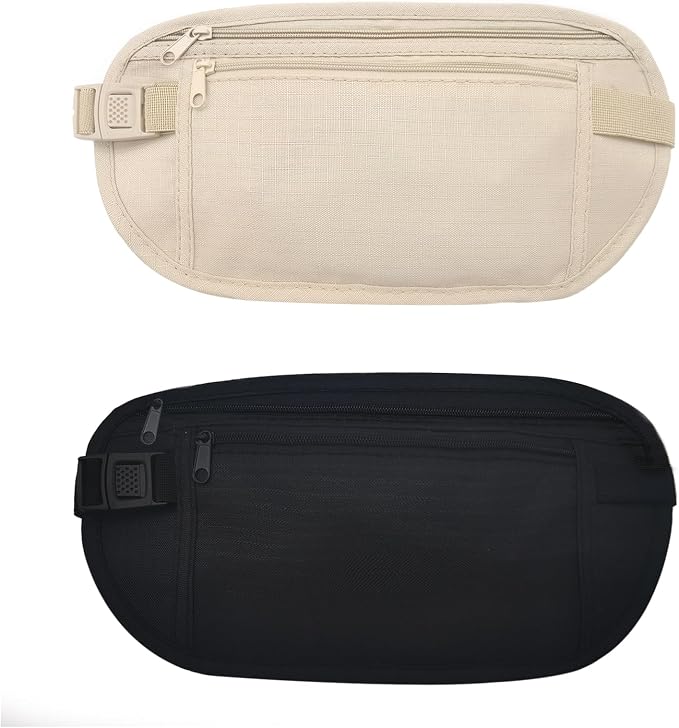 FuninCrea Money Belt, Nylon Fanny Pack Hidden Belt Bag with RFID Blocking for Women Men, Anti-theft Waist Pack Under Clothes with Adjustable Buckle for Travel, Running, Hiking, Cycling (khaki+black) by FuninCrea