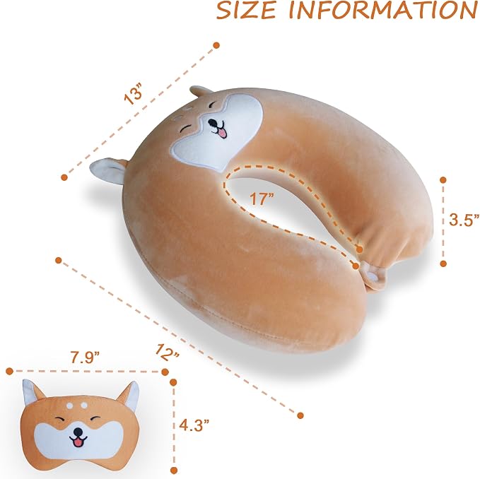 Cute Travel Pillow with Sleep Eye Mask Cartoon Headrest & Neck Pillow for Kids Boys & Girls, Teens, Travel Accessories for Airplane, Car, Recline, Home Use Memory Foam Flight - Cute Yellow Corgi - Image 2