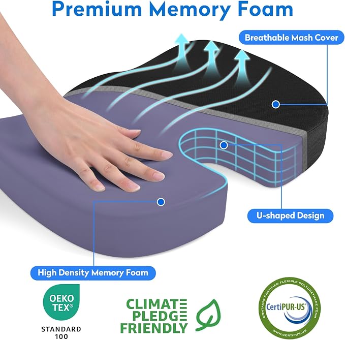 CushZone Seat Cushion Memory Foam Chair Pad for Office & Car, Black | Office Seat Cushion, Sciatica, Tailbone Back Pain Relief, Orthopedic Coccyx Pillow for Car, Pregnancy & Long Sitting at Work - Image 2