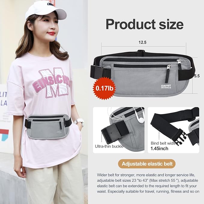 RFID Blocking Money Belt for Men Women, Slim Fanny Pack For Travel，Running,Conceal Waist Wallet For Passport Holder,Phone,Cash(Black Light Grey) - Image 5