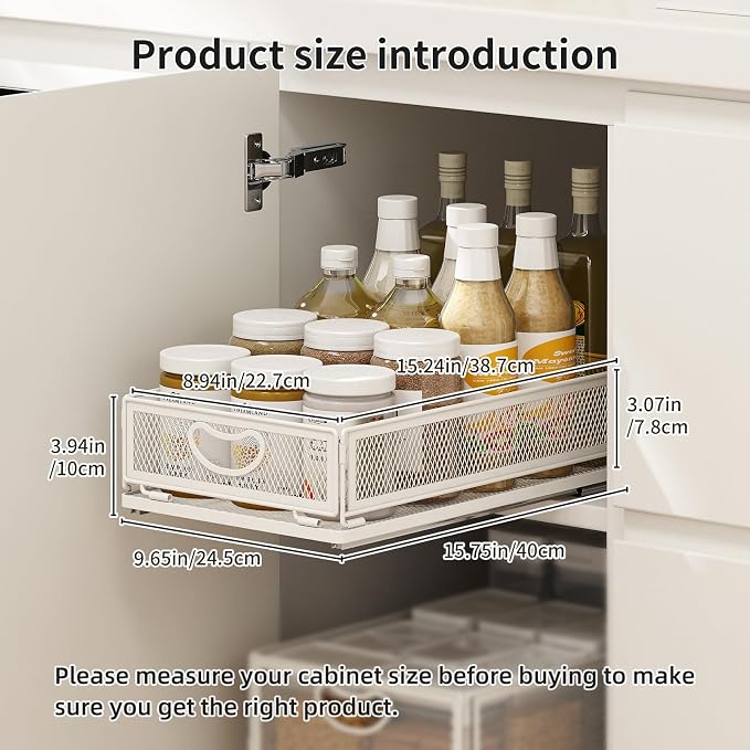 2 Pack Pull Out Cabinet Organizer, No Drill Adhesive Sliding Drawers for Kitchen, Metal Mesh Wire Storage Shelf for Pantry & Under Sink, White (9.6" W x 15.7" D x 3.9" H) - Image 2