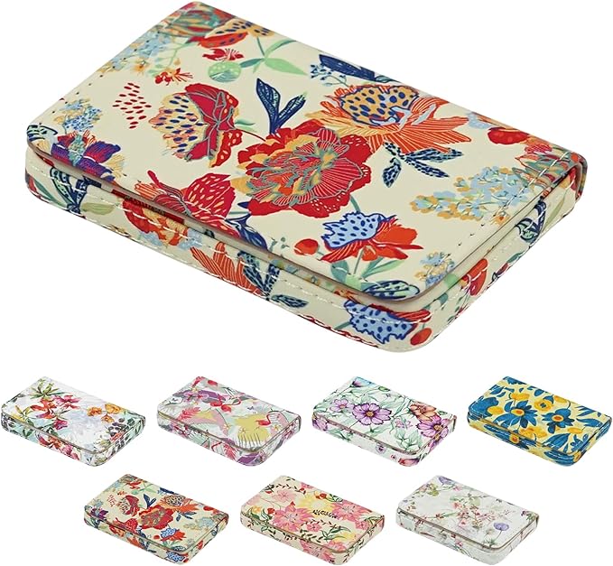 Business Card Holder，PU Leather Business Card Case Color Printing Pattern Card Holder Wallet，Pockets Magnetic Credit Card Holders for Men and Women - Purple Flowers by AI-DEE
