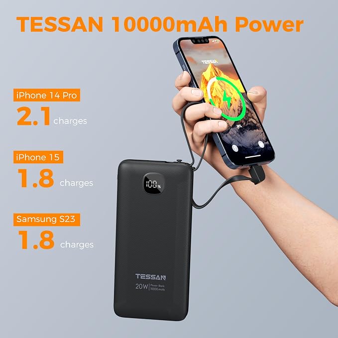 TESSAN Portable Charger with Built in Cables, 10000mAh Power Bank Fast Charging with Foldable AC Plug, PD20W Compact Battery Pack Travel Essentials for iPhone 17/16/15 Series, Samsung, Tablets, Black | PD20W USB C Fast Charging with Foldable AC Outlets... - Image 4