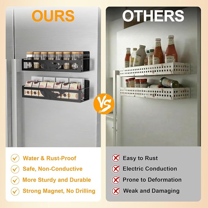 Magnetic Spice Rack for Refrigerator, 2 Pack Metal Magnetic Shelf Organizer for Fridge Side, Strong Spice Storage Rack for Kitchen, Black - Image 3