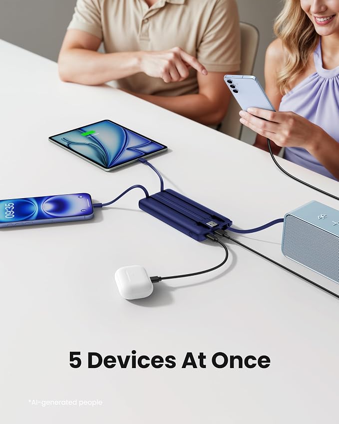 Portable Power Bank, Compact 10000mAh Portable Charger with 4 Cables, USB C Battery Pack 5 Outputs 2 Inputs LED Display Compatible with iPhone/Android & More (Navy Blue) - Image 3