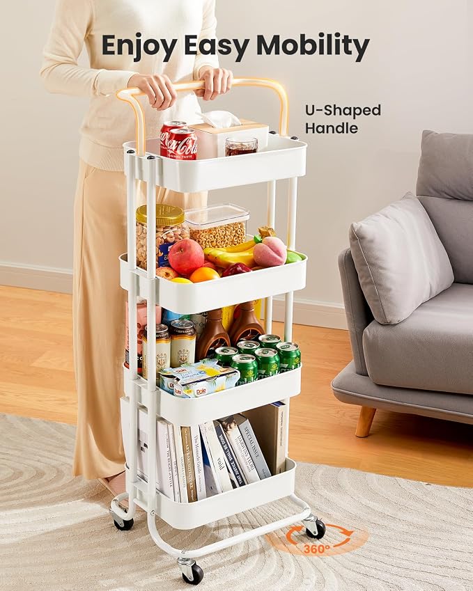 Pipishell Metal 4 Tier Rolling Cart with Handle & 2 Lockable Wheels, White | Four Large 2" Wheels for Easier Movement, Sturdy Metal, Hold 22 lbs per Shelf, Ventilated Mesh Design, for Office and Kitchen - Image 3