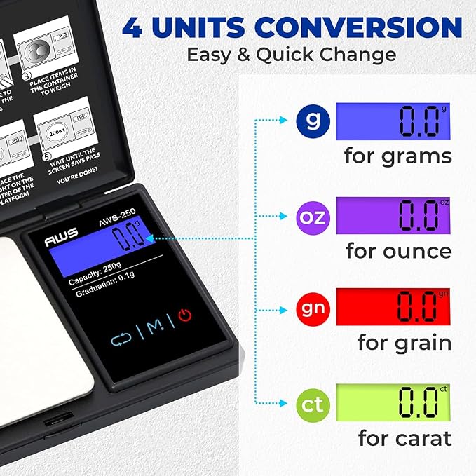 American Weigh Scales Series Digital Pocket Weight Scale Accurately Measures, Backlit LCD Display 250g x 0.1g, (Black), AWS-250-BLK - Image 6