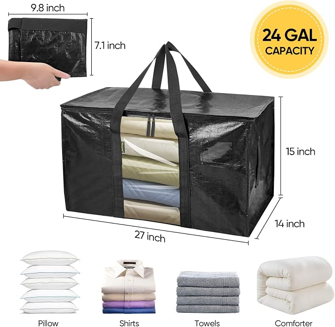 BALEINE 4-Pack Oversized Moving Bags with Reinforced Handles, Heavy-Duty Storage Tote Moving Supplies for Packaging, Camping (Black w/Window, 4-Pack) - Image 2