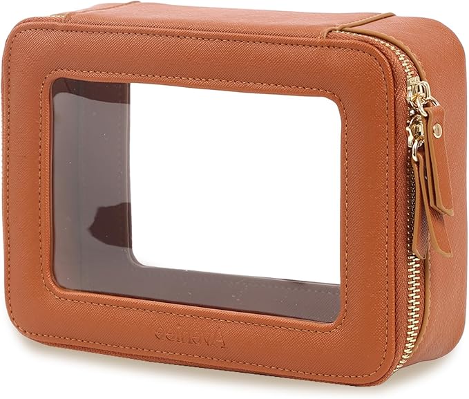 Aveniee Clear Makeup Bag, Travel Toiletry Case for Women, Cosmetic Pouch with Zippers, Car Storage Organizer for Essentials,Brown,Medium Classic by Aveniee